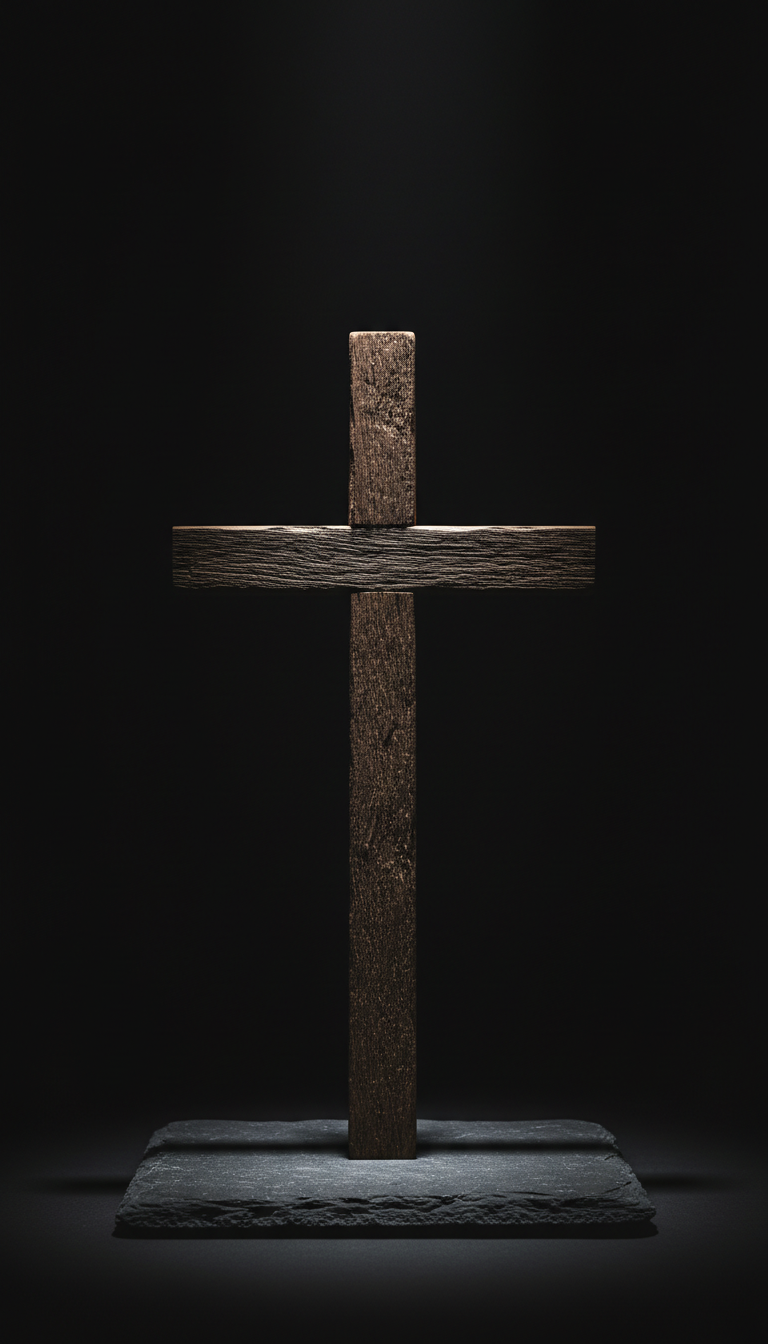 A textured wooden cross made from weathered, dark oak, set upright on a raw slate platform. It is illuminated by a single spotlight beaming from the top left, creating deep, angular shadows that emphasize the grain and roughness of the wood while producing stark, geometric silhouettes behind. The minimalist background fades to a velvety black, erasing all distraction and focusing attention on the cross. Captured at eye-level with centered framing, this image captures the strength and endurance of faith in a bold, modern photographic style, aligning with the ministry’s mission.