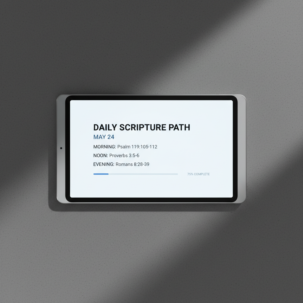 A modern tablet device with a luminescent screen displaying a daily Bible reading plan, positioned squarely atop an uncluttered stone countertop. Crisp directional lighting from above highlights the clean, metallic edges of the device while casting well-defined shadows around its base. The background is an unobtrusive, blurred graphite gray, ensuring all attention is on the glowing screen. The shot is overhead with a perfectly symmetrical composition, communicating clarity and digital engagement in a minimalist, photographic way that supports online faith activities.