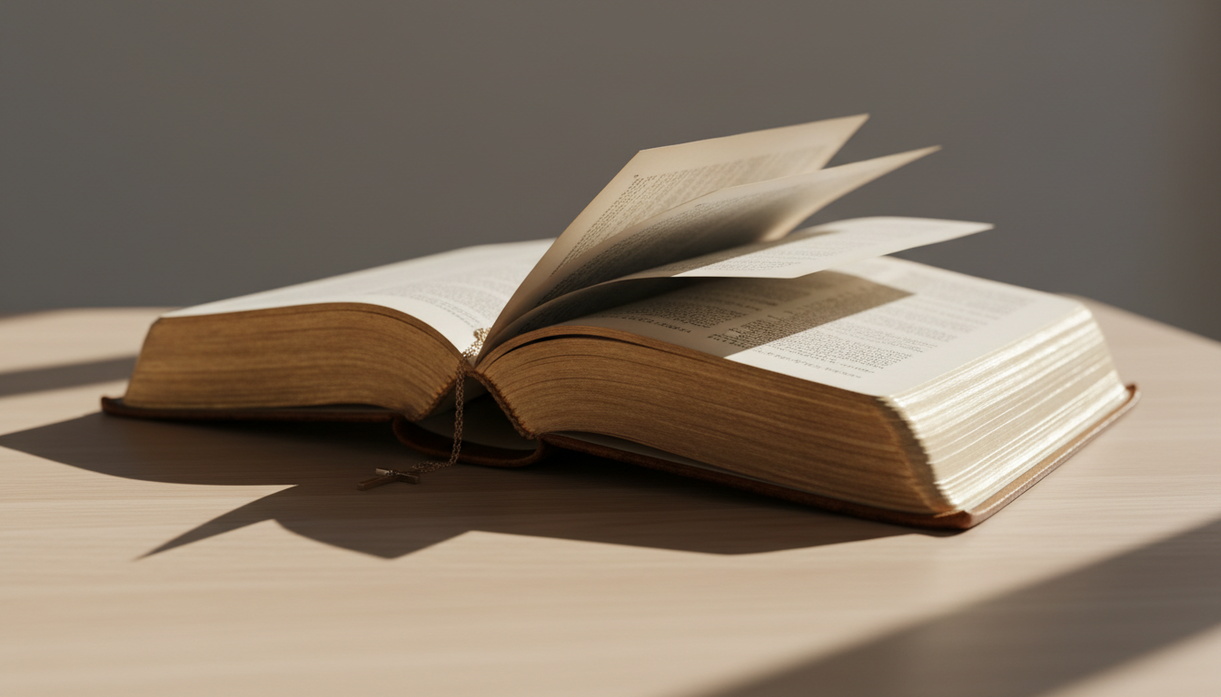 An open, leather-bound Bible with gilt-edged pages gently curved, set on a smooth, light wooden table with a minimalist matte finish. Sharp directional light pours in from the right, casting bold, crisp-edged shadows across the table and accentuating the rough, natural grain of the leather and the subtle gold shimmer of the page edges. The background is a soft, diffuse blur of neutral gray, providing maximum focus on the Bible. Captured at a slightly elevated, three-quarter angle, with sharp focus throughout to create a bold, contemplative mood. The overall style is photographic realism with a clean, minimalist aesthetic conveying the site’s faith-centered energy.